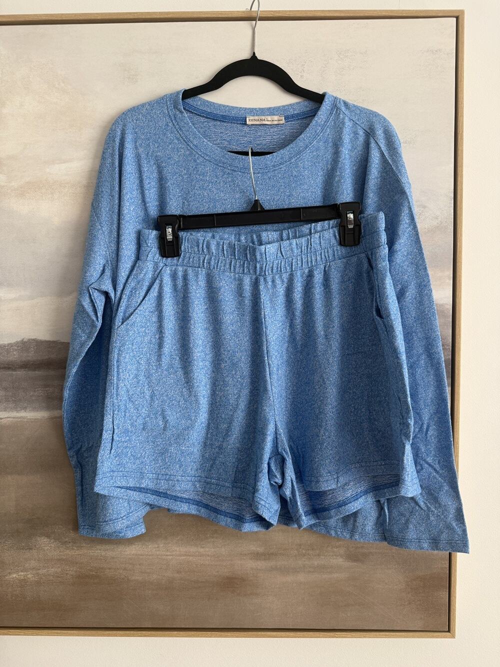 Zenana Soft Melange Long Sleeve Tee & Shorts Set Navy Medium